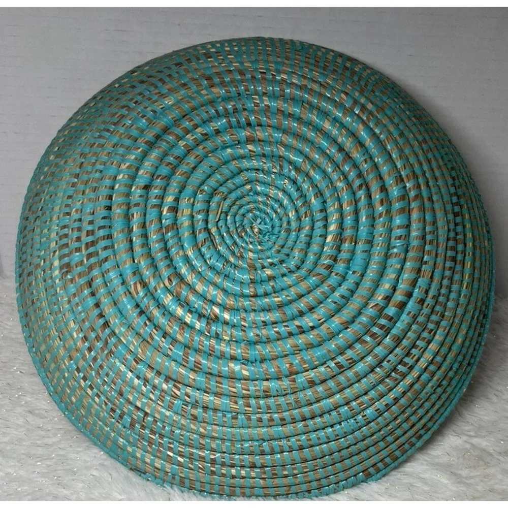 NEW FairTrade Set of‎ 3 African Handwoven Rattan Baskets Turquoise Orange Cream